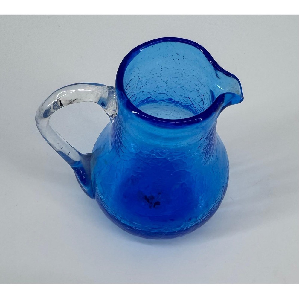 Blenko or Pilgrim Style Cobalt Crackle Glass Pitcher Decor Creamer Jug 3.5 in - Picture 5 of 9